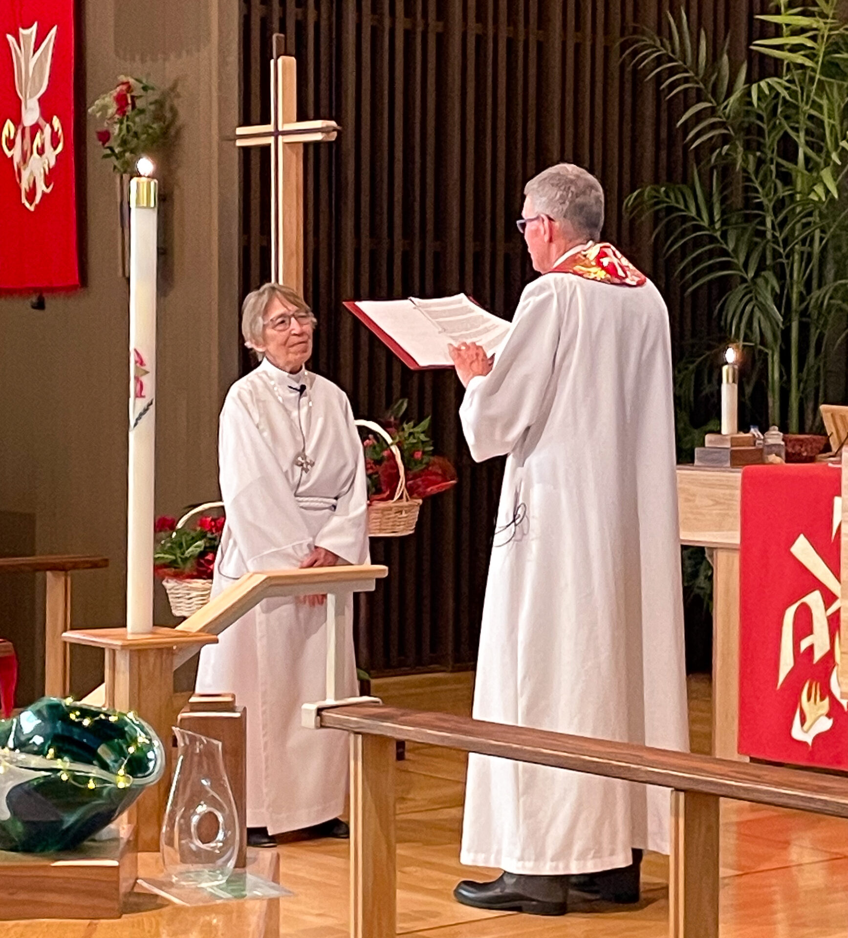 Linda Marousek with Bishop Rev. Richard E. Jaech, April 30, 2023 - Ordination & Installation as Pastor of St Paul Lutheran Church 